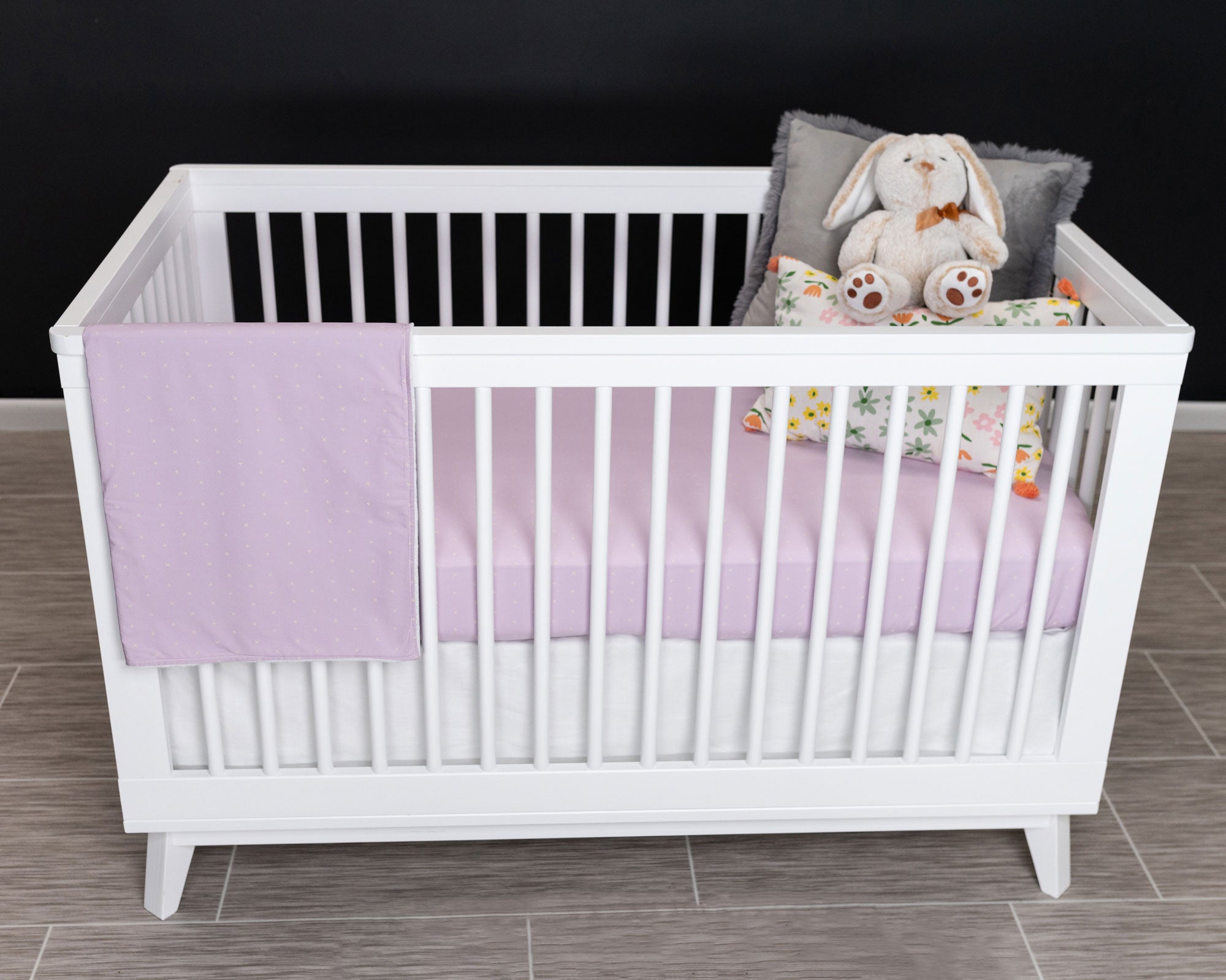 Lavender Hugs - Classic Nursery Bedding Set - Ivory X on Lilac/Lavender - Olli+Lime